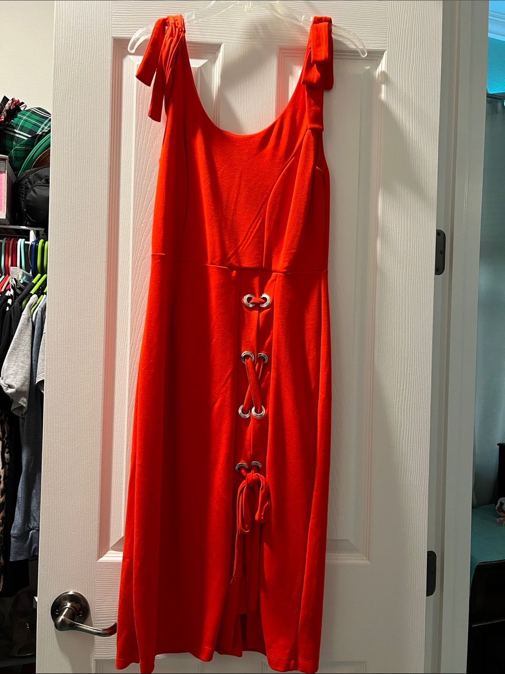 VENUS Vibrant Orange Lace-Up Midi Dress with Tie Shoulders
